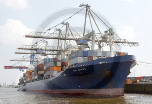 Ein Containerschiff wird im Hafen von Hamburg geloescht