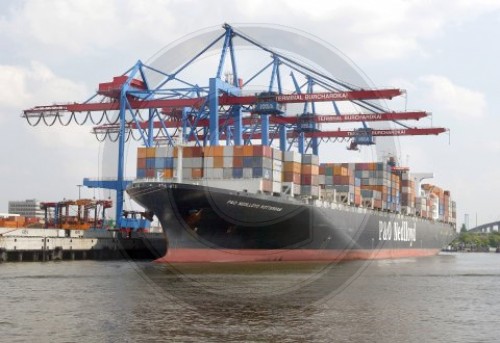 Ein Containerschiff wird im Hafen von Hamburg geloescht