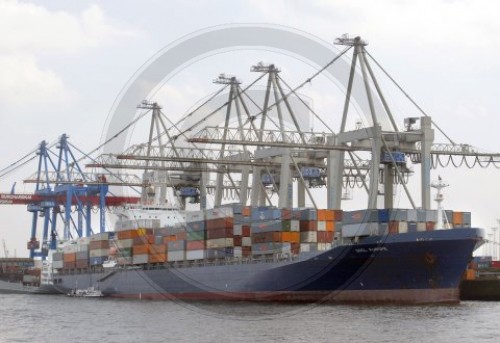 Ein Containerschiff wird im Hafen von Hamburg geloescht