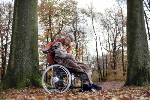 Tochter mit ihrer  94 j¬ährigen Mutter in einem Wald