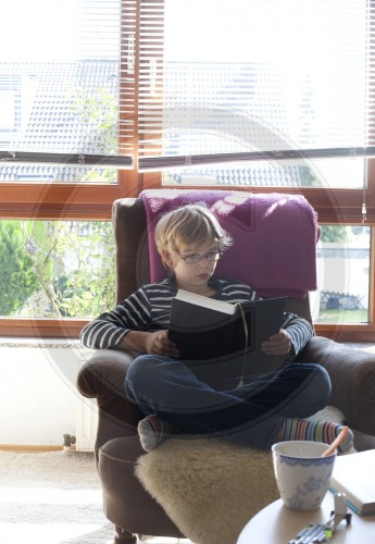 Zehnjaehriger Junge liest einen Schmoeker|Ten year old boy reading