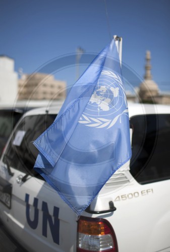 UN flag on a vehicle of the UNRWA, United Nations Relief and Works Agency for Palestine Refugees in the Near East Gaza Field Office. 14.06.2011