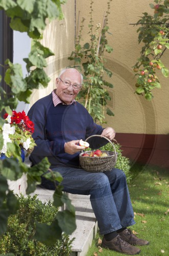 Rentner sitzt im Garten und schneidet Aepfel