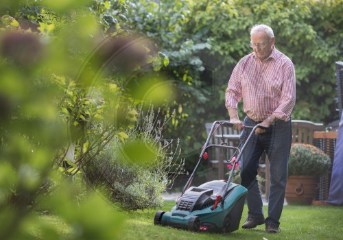 Rentner beim Rasenmaehen
