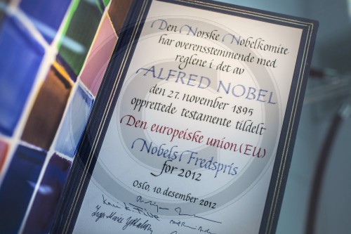 Urkunde des Nobelpreises fuer Europa im Parlamentarium, Besucherzentrum des Europaeischen Parlaments (EP)  in Bruessel