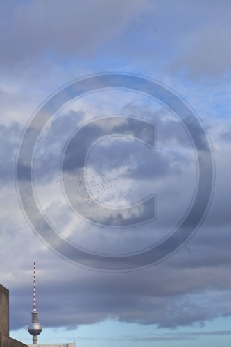 Luftballone vor dem Fernsehturm mit Wolken