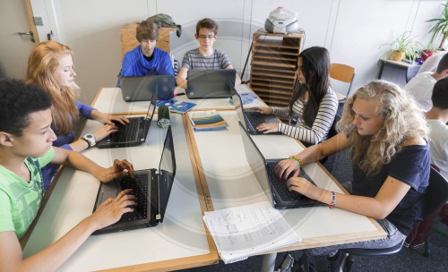 Schueler arbeiten mit Laptops