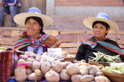 Baeuerinnen zeigen ihre Erne auf einer Ernaehrungsmesse in einem kleinen Dorf in den Anden