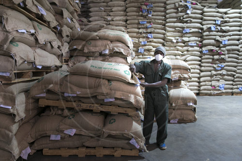 Kaffeeberge der Kaffeeroesterei der Neumann Gruppe in Kenia