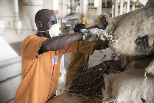 Mitarbeiter beim Entleeren von Saecken mit Kakaobohnen in der Schokoladenfabrik: Cemoi Chocolaterie