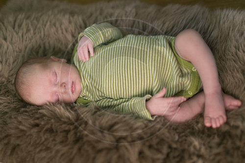 Zwei Wochen altes Baby schlaeft auf einem Fell